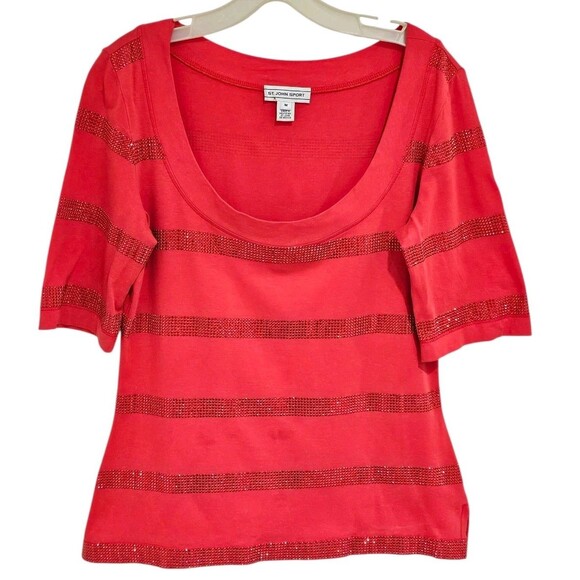 St. John Top Shirt Womens M Red T-Shirt Rhinestones Embellished Short Sleeve - Picture 1 of 16